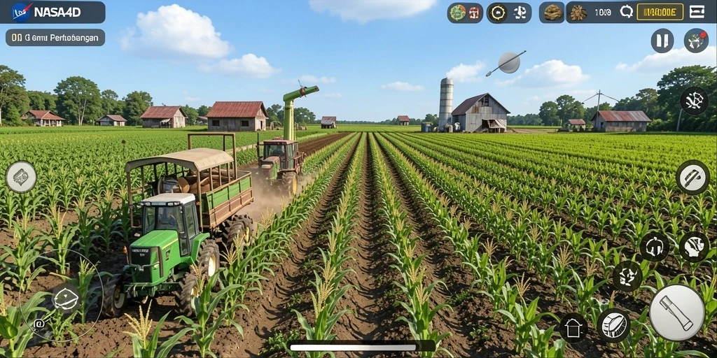 Screenshot utama NASA4D menampilkan gameplay pertanian yang menarik.