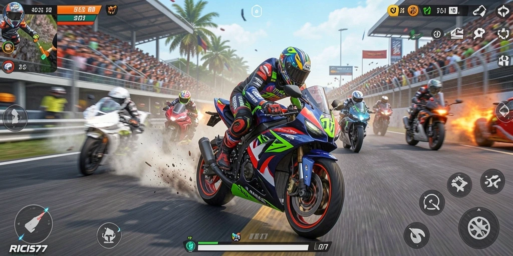 Tampilan gameplay balapan motor yang seru dan mendebarkan.