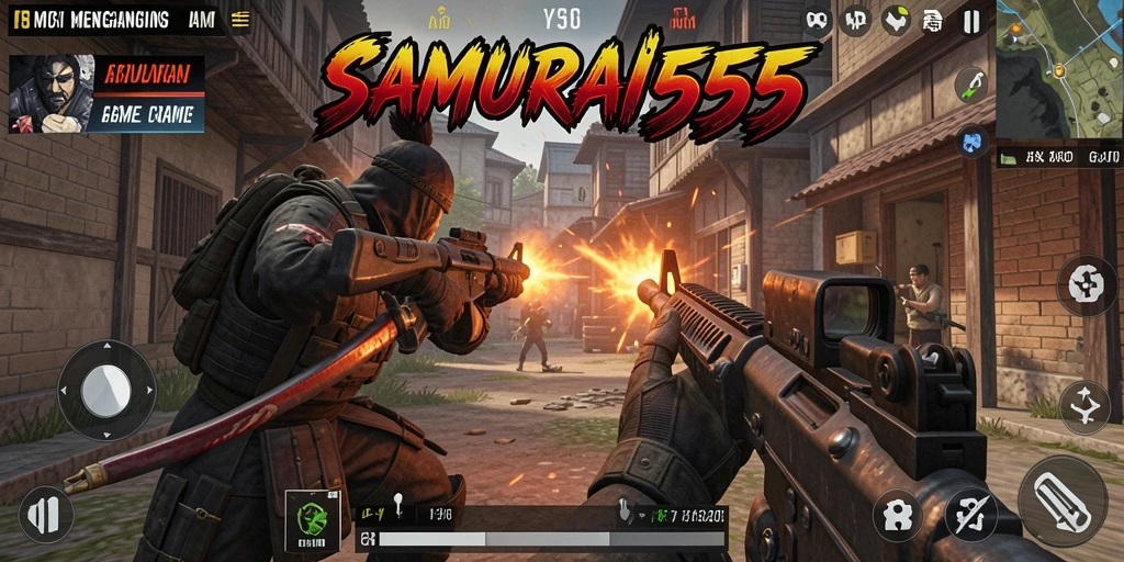 Tangkapan layar utama SAMURAI555 menunjukkan aksi seru dalam pertempuran FPS.