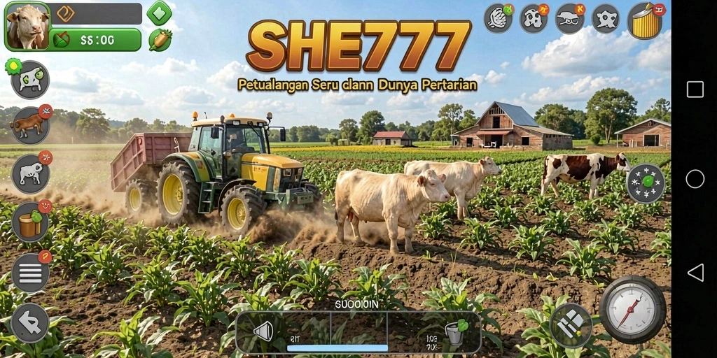 Tampilan layar permainan SHE777 yang penuh warna dalam bertani.